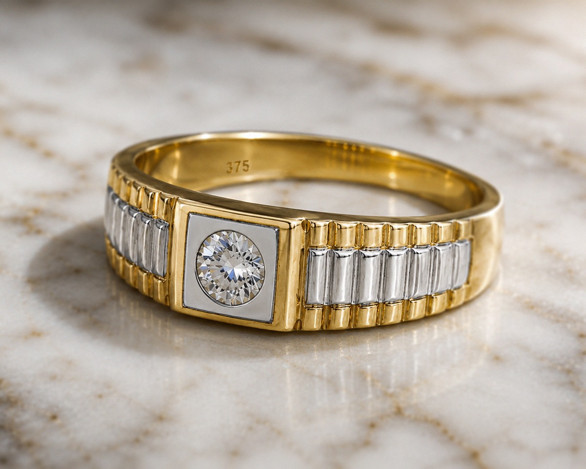 9ct Yellow Gold Brickwork CZ Men’s Ring