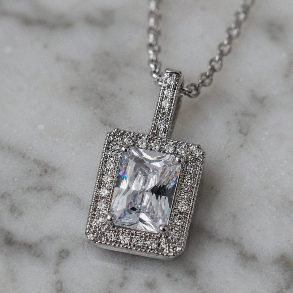 Sterling Silver Cubic Zirconia Rectangular Halo Pendant Necklace