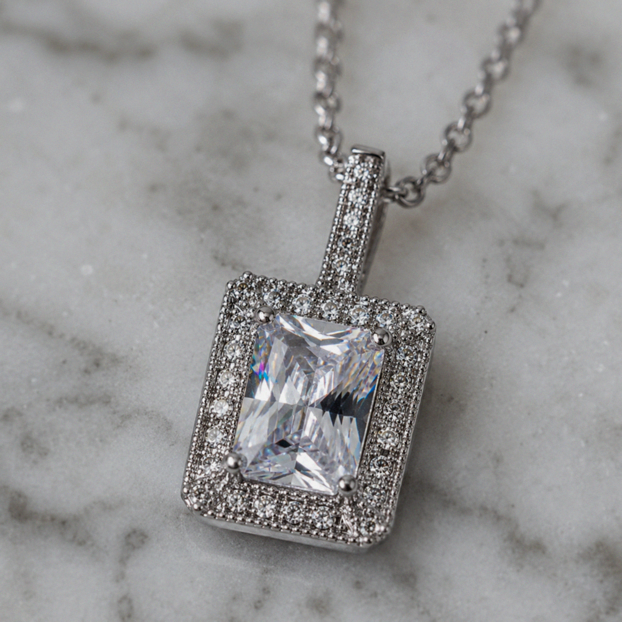 Sterling Silver Cubic Zirconia Rectangular Halo Pendant Necklace