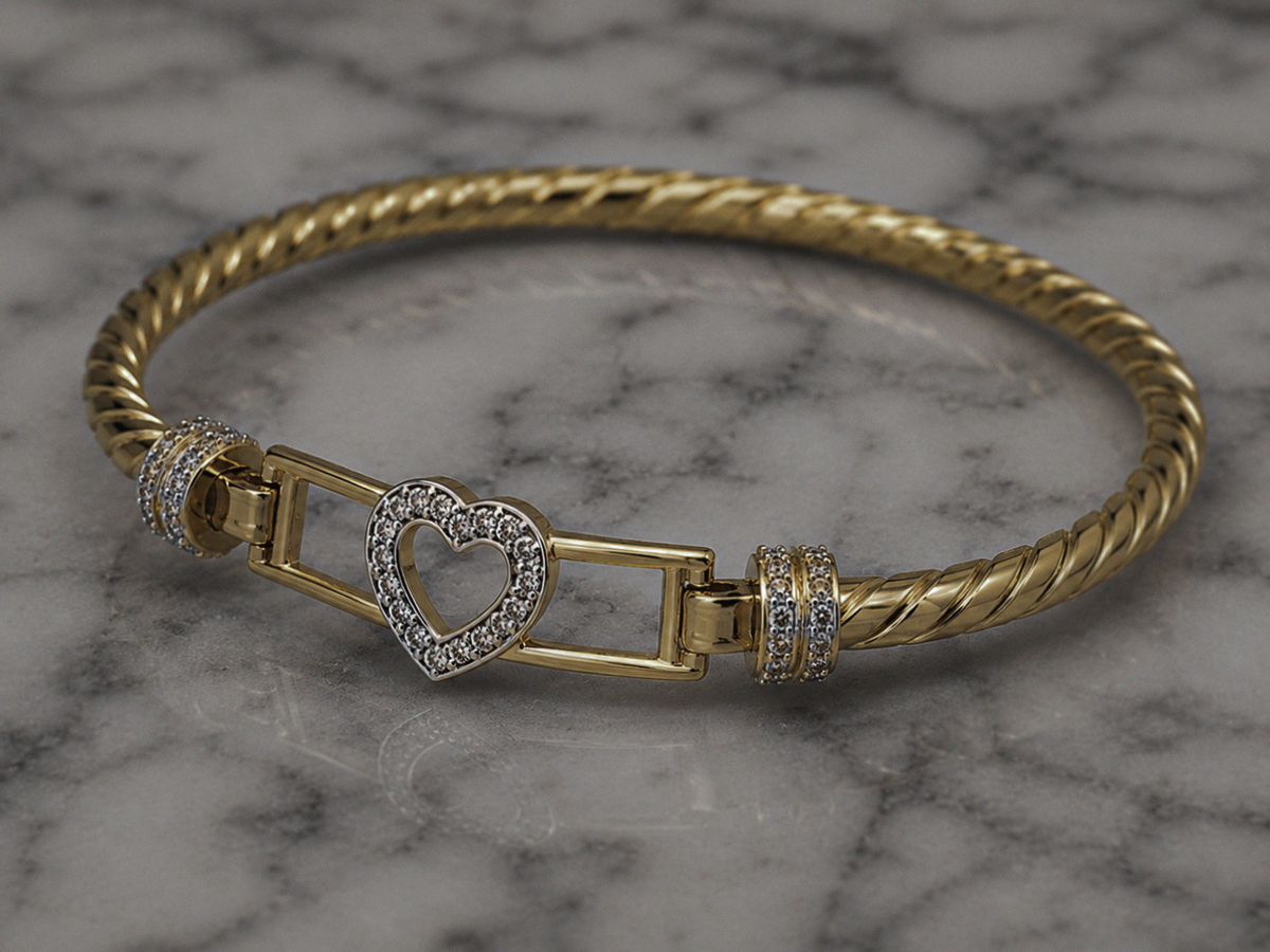 9ct Yellow Gold Twisted Heart Hook Bangle – Solid 13.8g