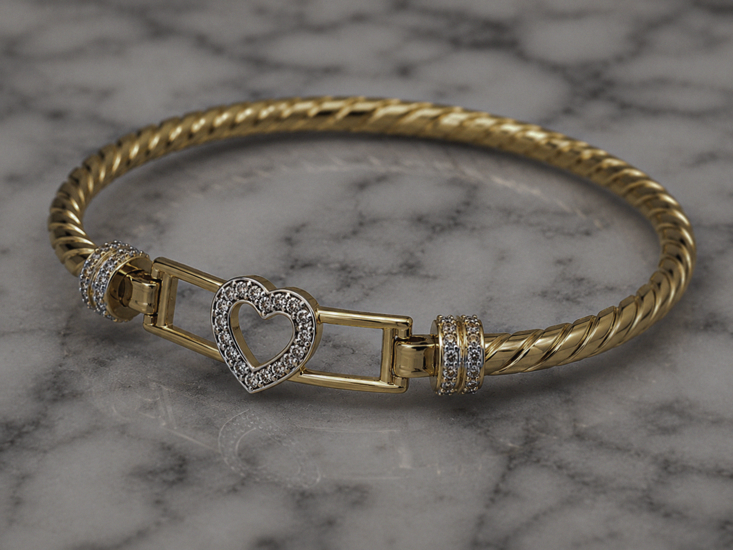 9ct Yellow Gold Twisted Heart Hook Bangle – Solid 13.8g
