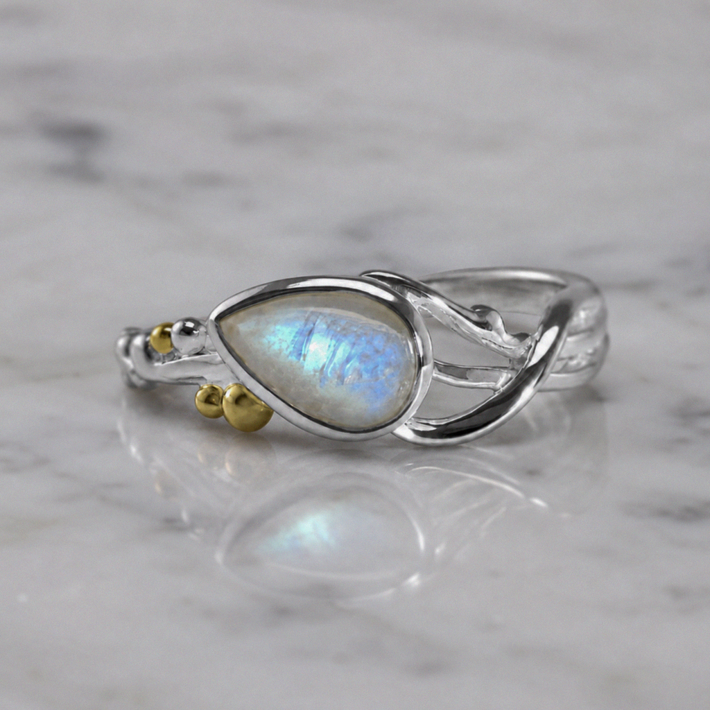 Banyan Sterling Silver Teardrop Rainbow Moonstone Ring