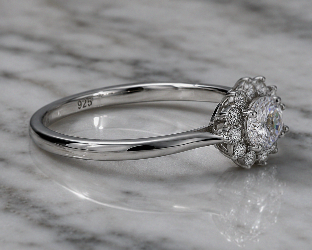 Sterling Silver Cubic Zirconia Flower Halo Ring