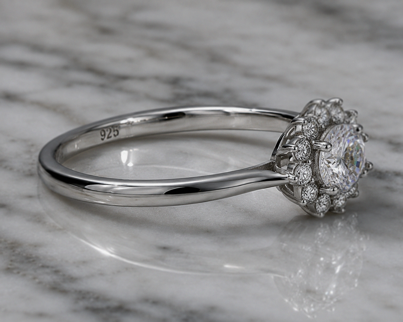 Sterling Silver Cubic Zirconia Flower Halo Ring