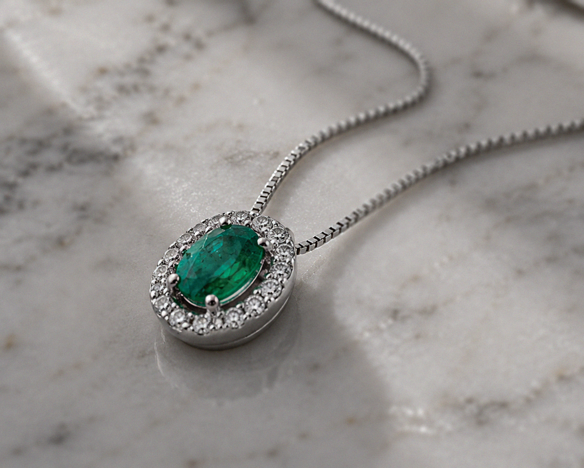 Teardrop Emerald & Diamond Pendant Necklace in 9ct Gold