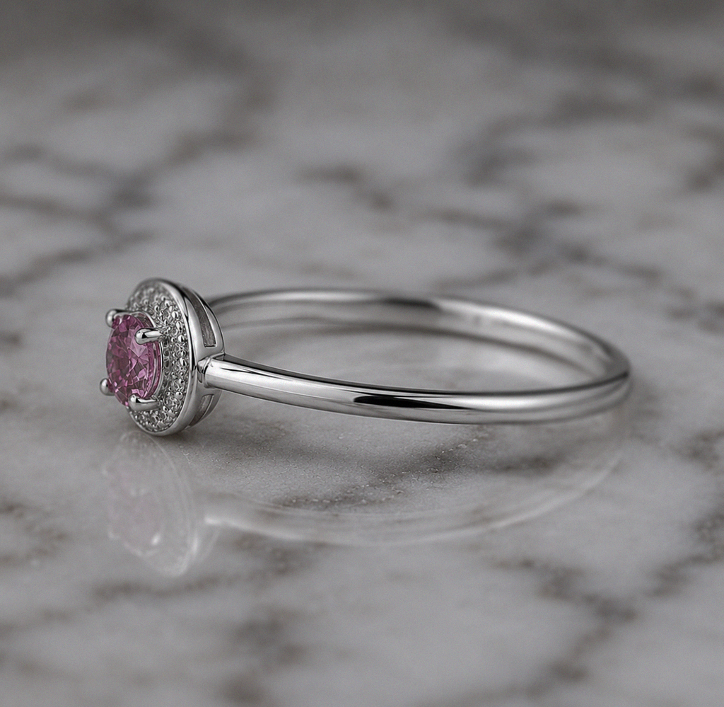 9ct White Gold Sapphire & Diamond Halo Ring – 0.07ct Diamonds