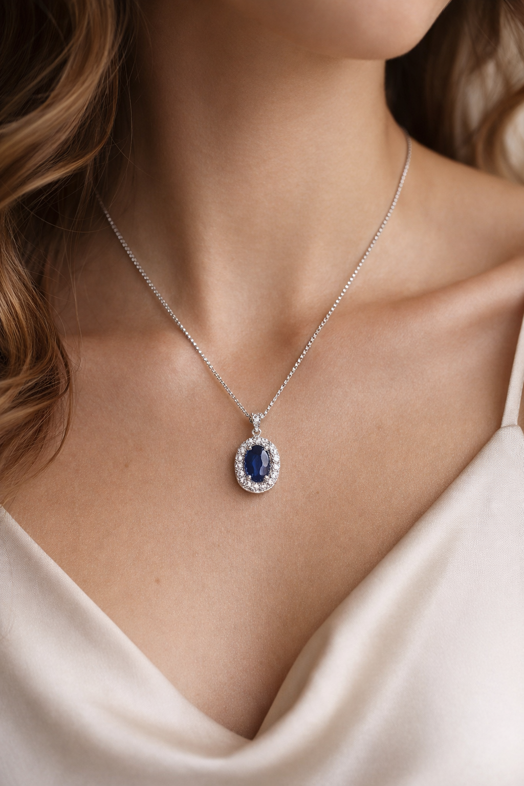 Blue Sapphire & Diamond Cluster Pendant in 9ct White Gold