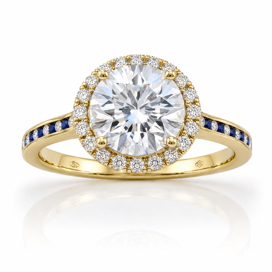 18ct Yellow Gold 10.01ct Natural Diamond & Sapphire Halo Ring