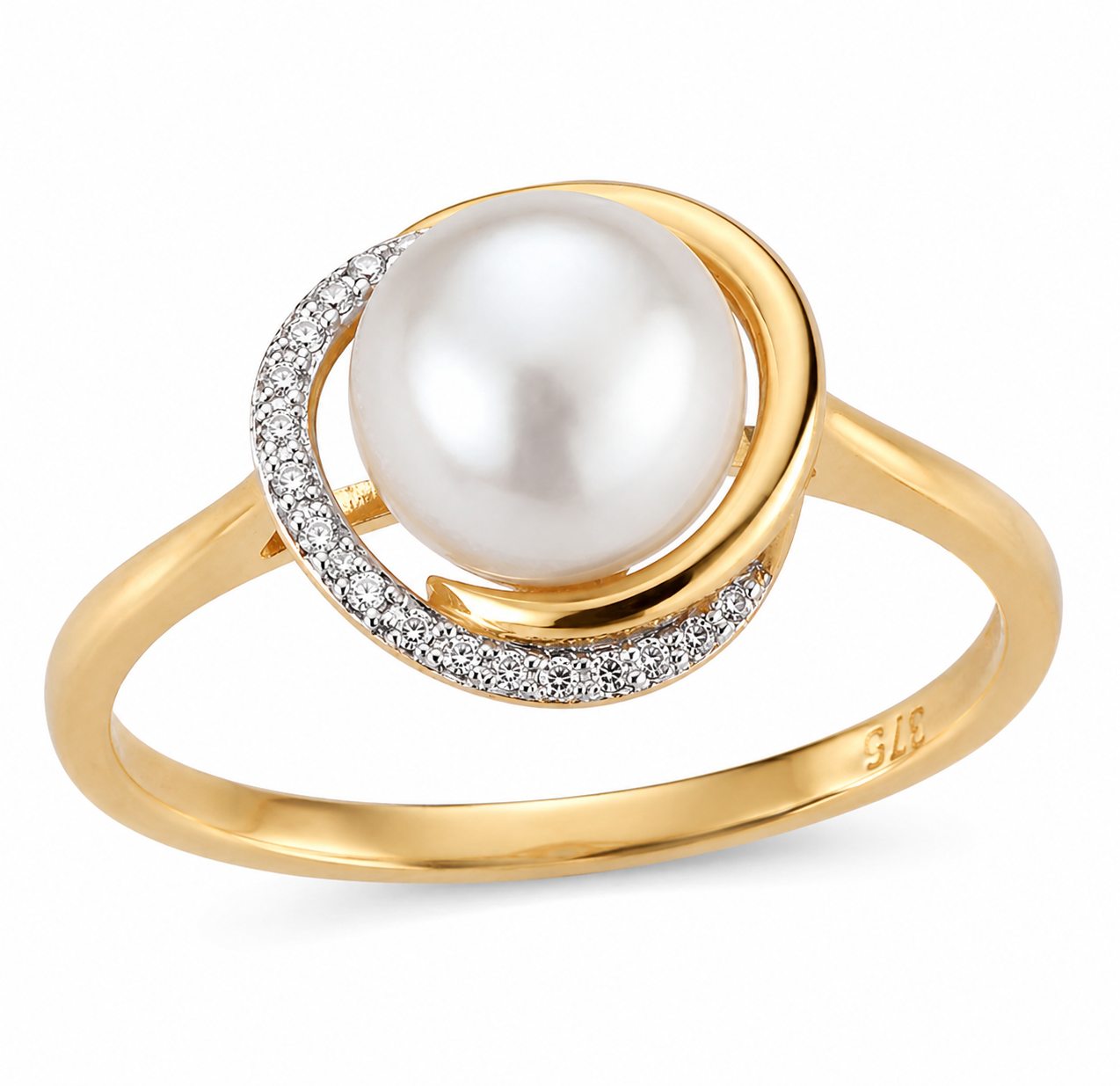 9ct Yellow Gold Button Pearl & Diamond Wave Ring