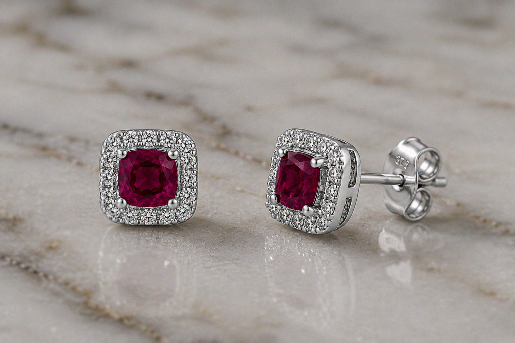 Cushion Cut Ruby & Diamond Halo Stud Earrings in 9ct White Gold