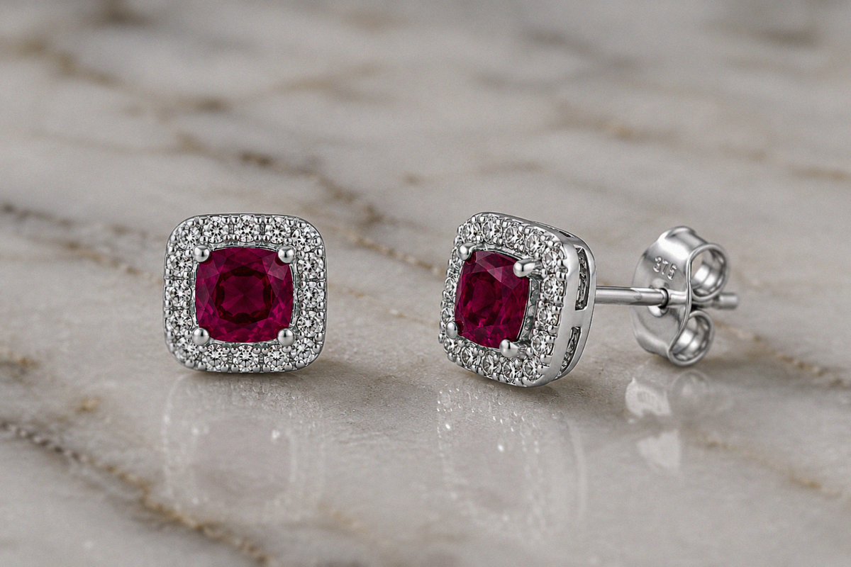 Cushion Cut Ruby & Diamond Halo Stud Earrings in 9ct White Gold