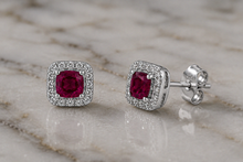 Cushion Cut Ruby & Diamond Halo Stud Earrings in 9ct White Gold