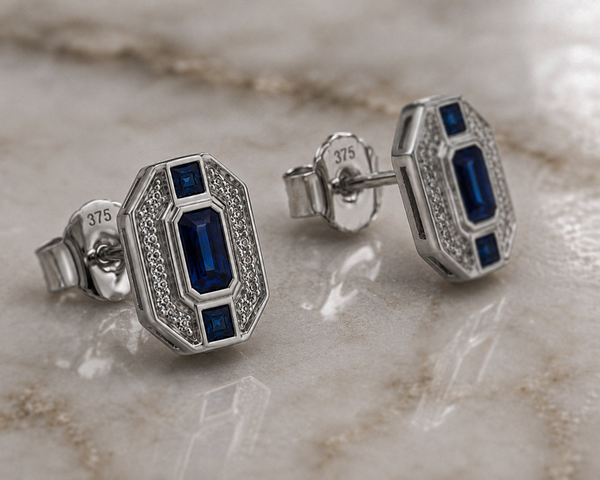 9ct White Gold Sapphire & Diamond Channel Stud Earrings