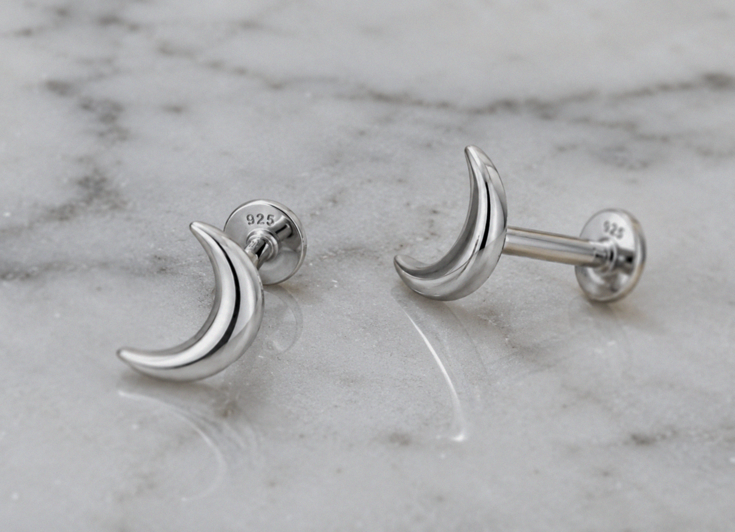 Sterling Silver Crescent Moon Labret Stud Earrings – Pair