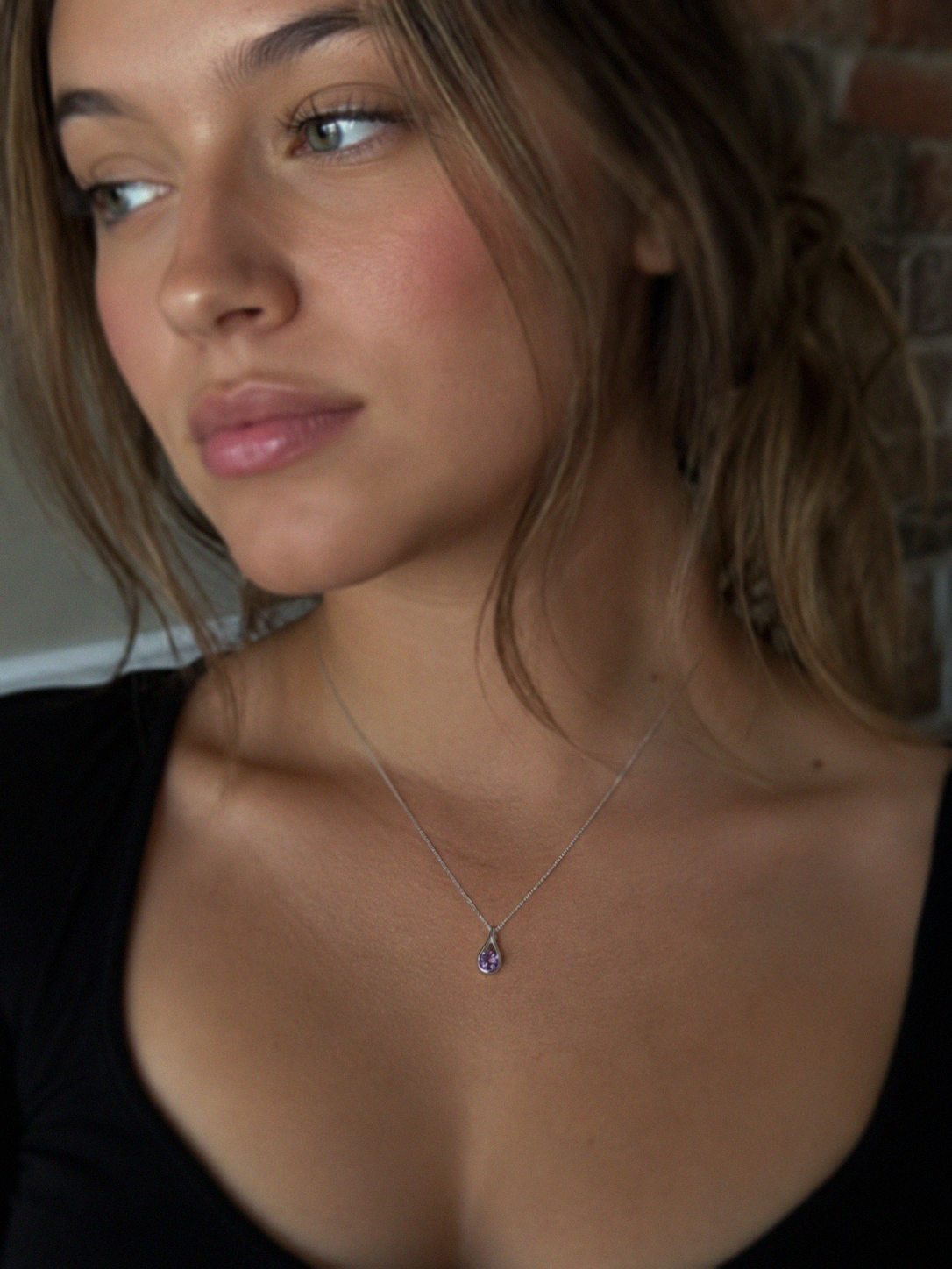 Sterling Silver Natural Amethyst Teardrop Pendant Necklace