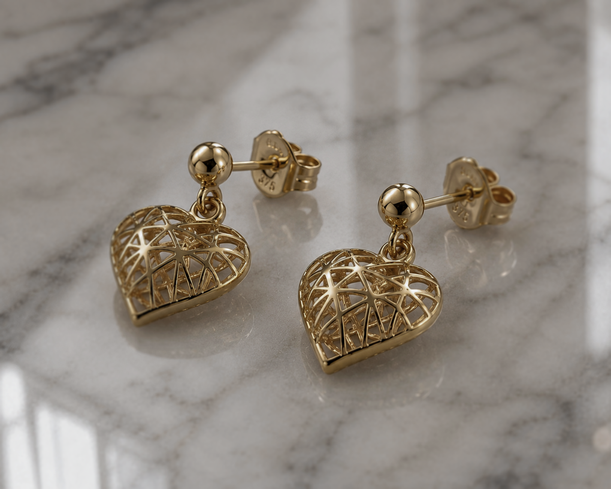 9ct Gold Caged Heart Drop Earrings