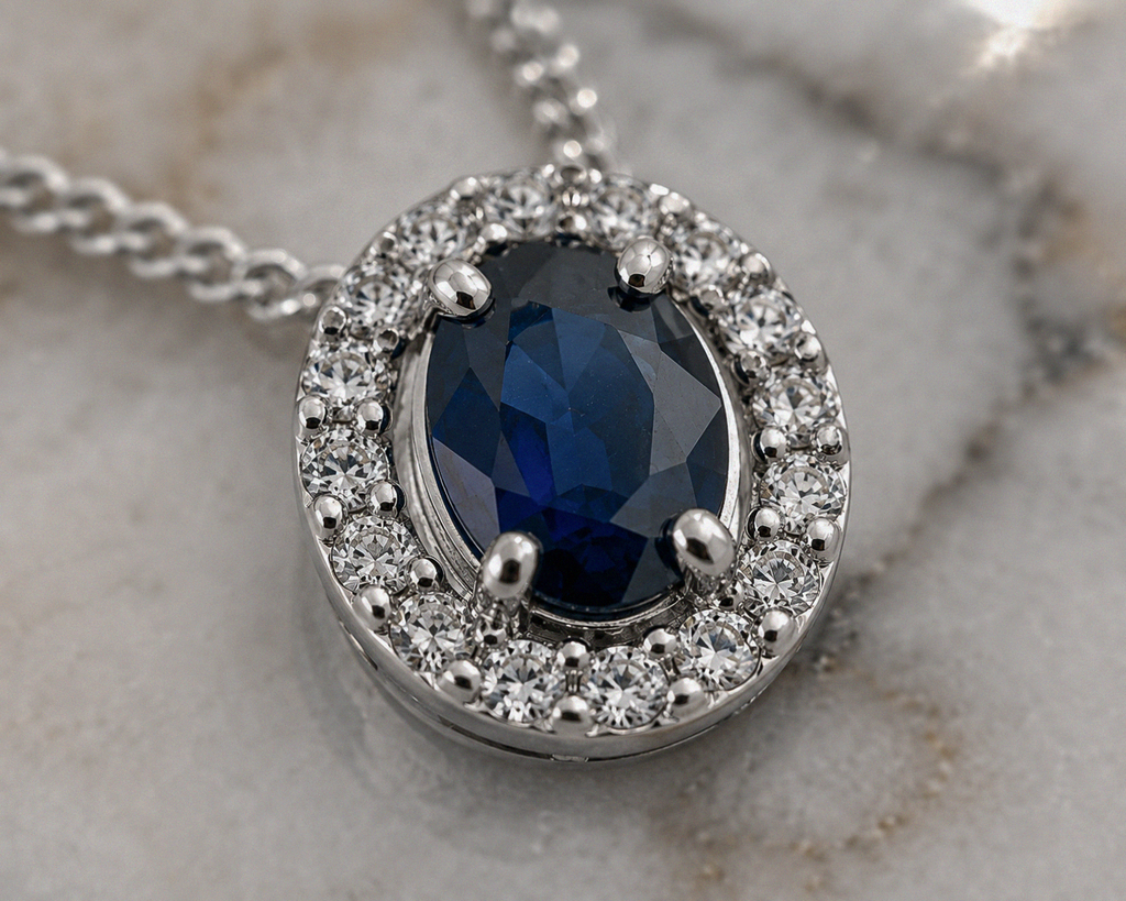 Blue Sapphire & Diamond Cluster Pendant in 9ct White Gold