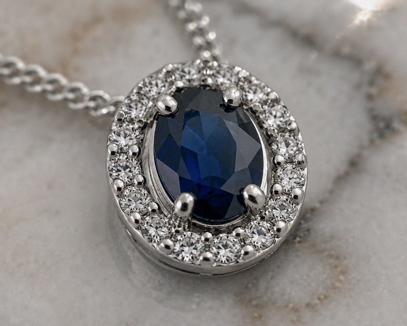 Blue Sapphire & Diamond Cluster Pendant in 9ct White Gold
