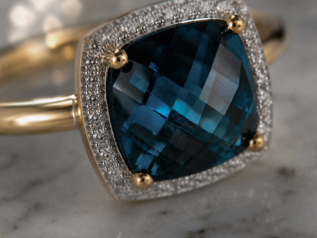 Checkerboard London Blue Topaz & Diamond Ring in 9ct Gold