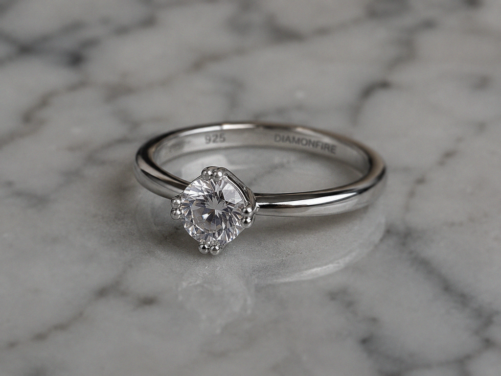 Sterling Silver Double Claw Solitaire Ring with DiamondFire® CZ
