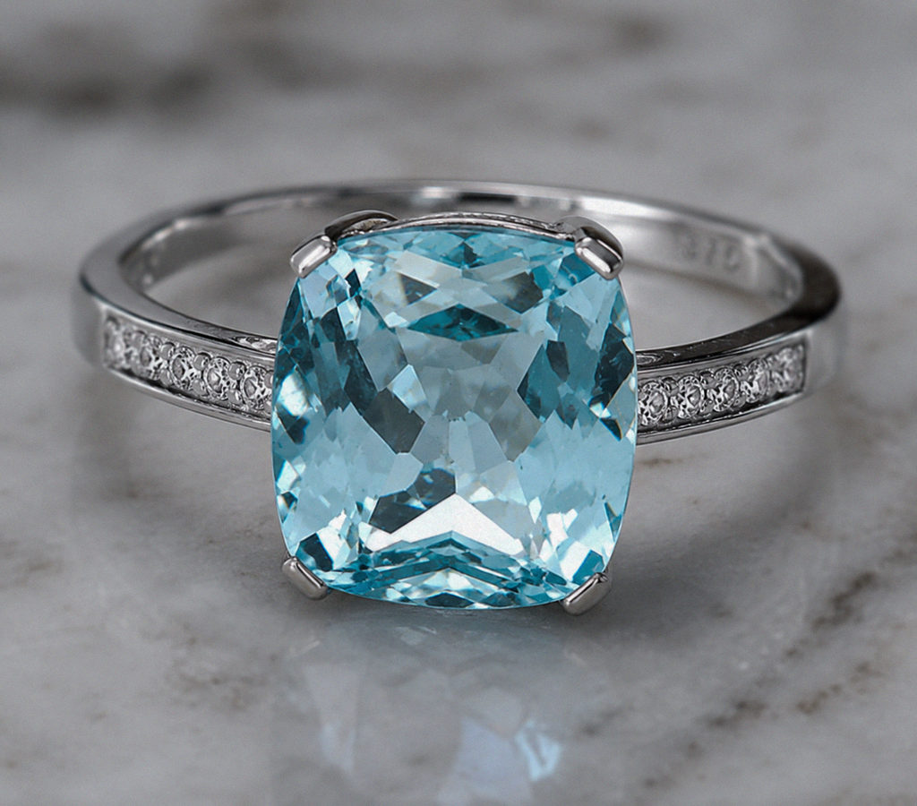 9ct White Gold Cushion-Cut Blue Topaz & Diamond Statement Ring
