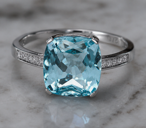9ct White Gold Cushion-Cut Blue Topaz & Diamond Statement Ring