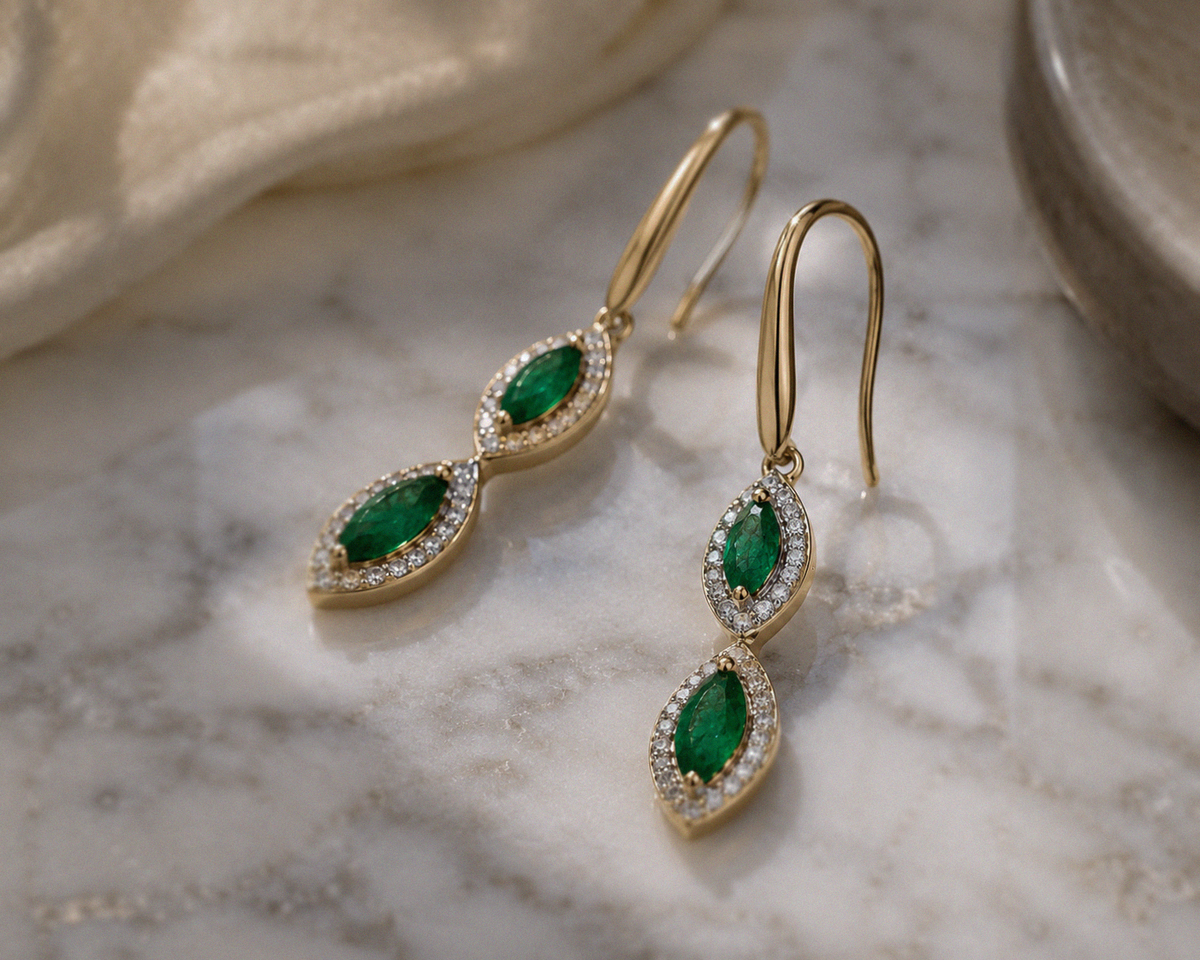 Marquise Double Drop Emerald & Diamond Earrings in 9ct Yellow Gold