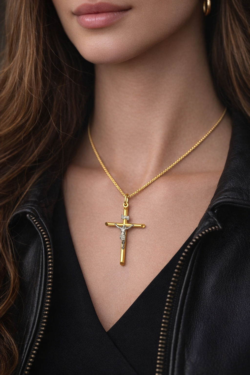 9ct Yellow & White Gold Crucifix Pendant with 9ct Spiga Chain