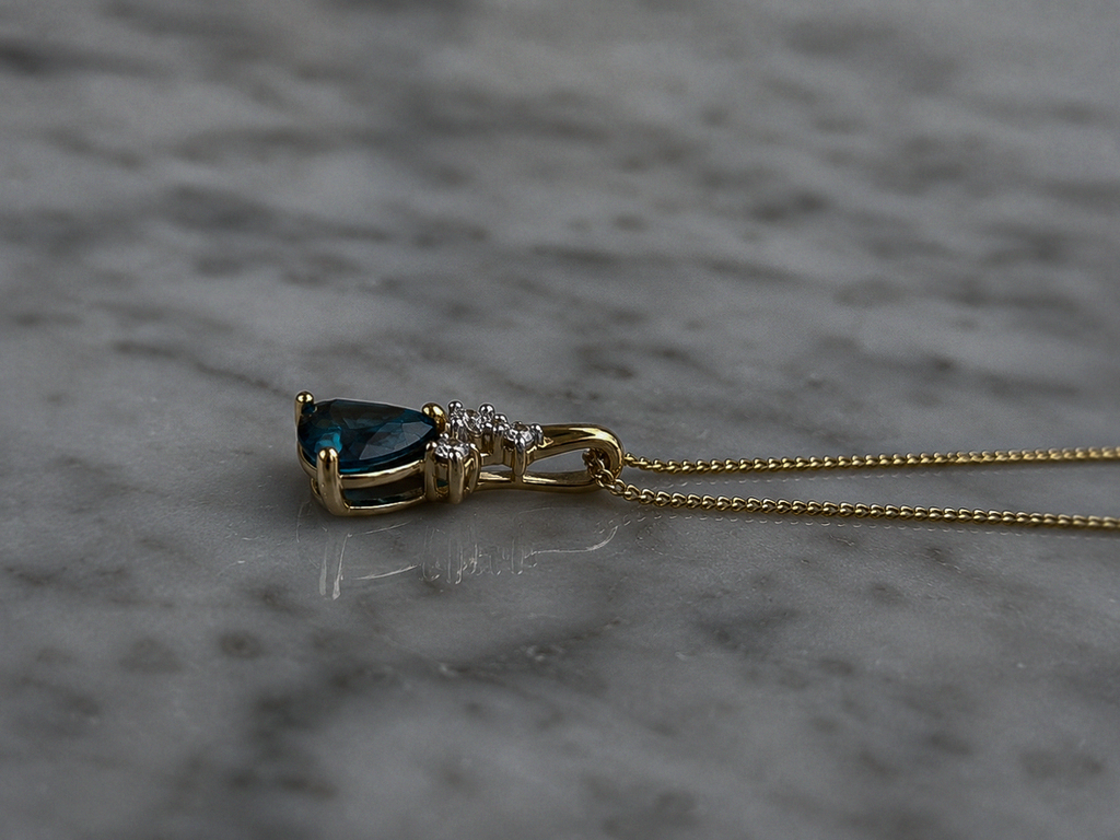 9ct Yellow Gold London Blue Topaz & White Topaz Trillion Pendant