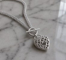 Large Filigree Heart Double Chain T-Bar Necklace in Sterling Silver