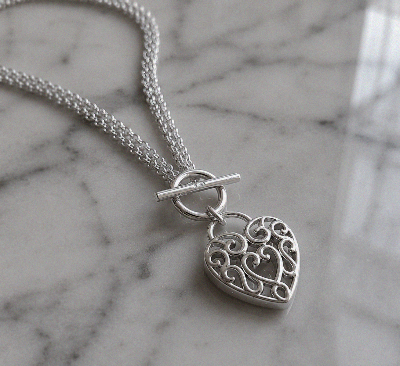 Large Filigree Heart Double Chain T-Bar Necklace in Sterling Silver