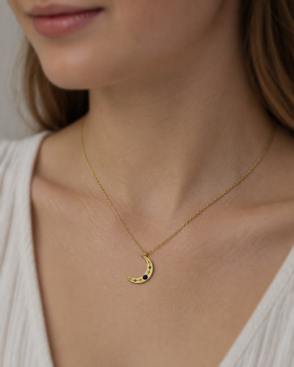 Sterling Silver Lapis & Cubic Zirconia Moon Necklace