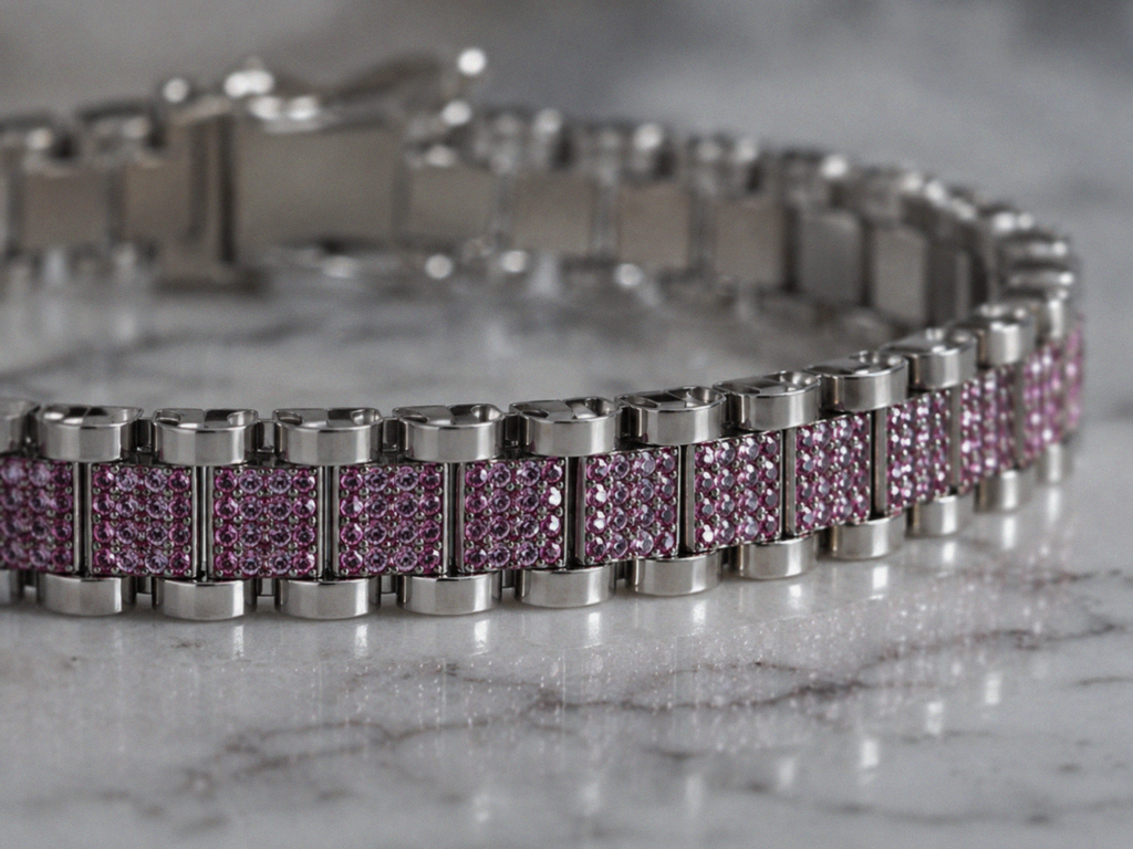 Children's Sterling Silver Pink Cubic Zirconia Brickwork Bracelet
