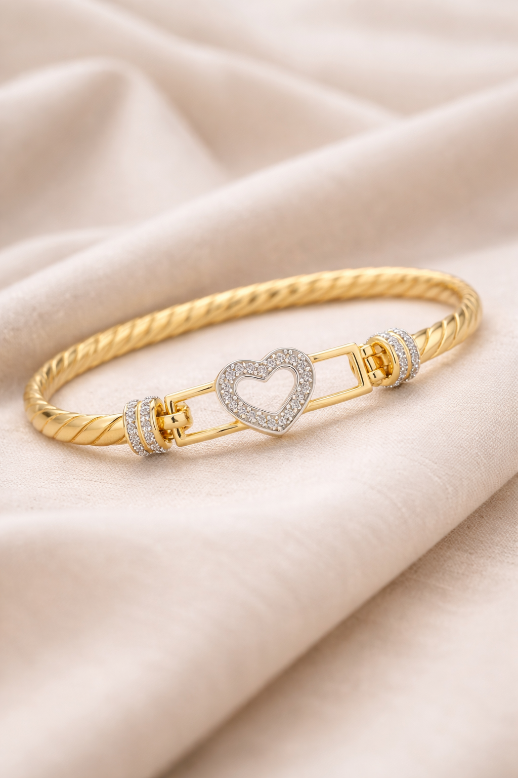 9ct Yellow Gold Twisted Heart Hook Bangle – Solid 13.8g