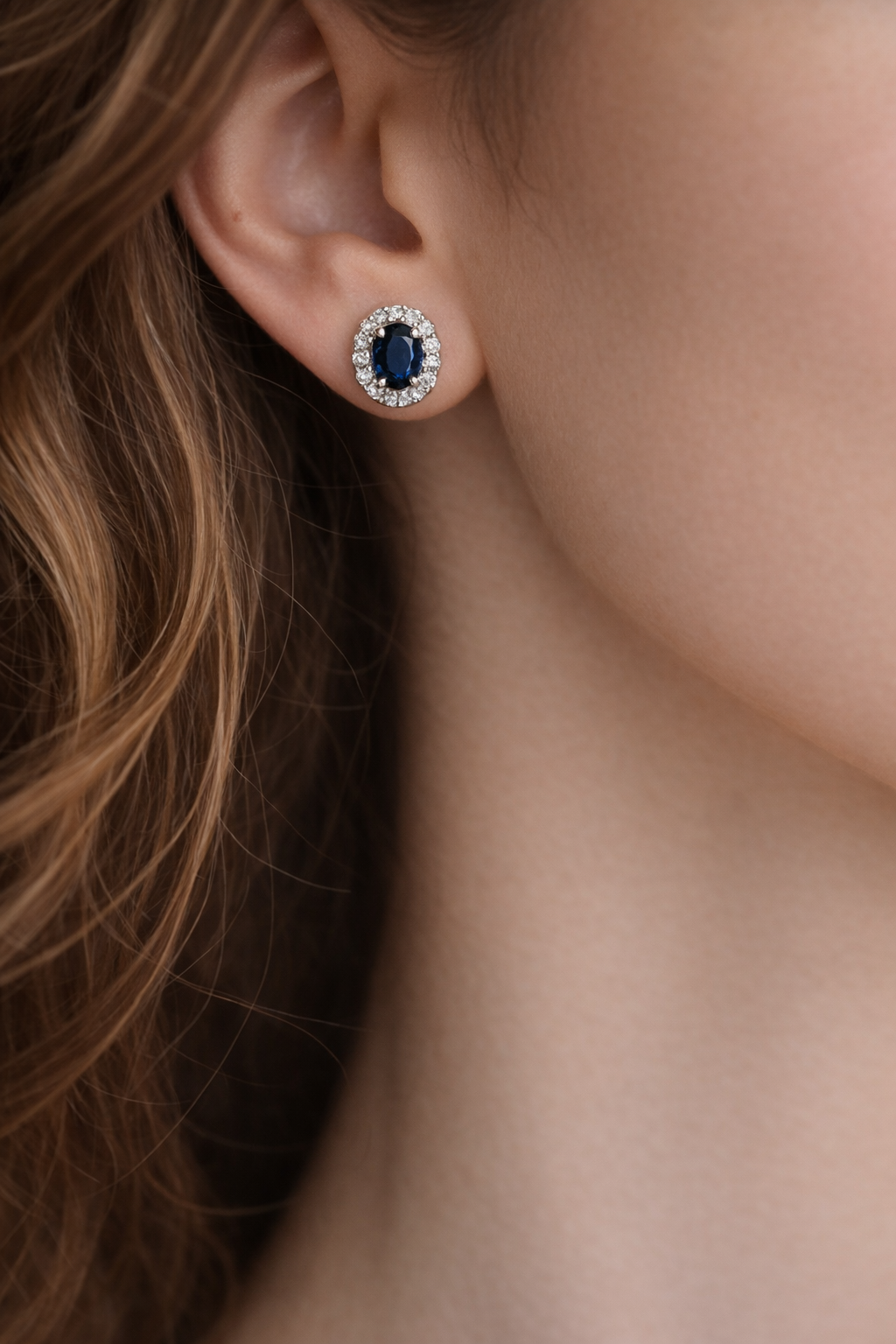 Blue Sapphire & Diamond Cluster Stud Earrings in 9ct White Gold
