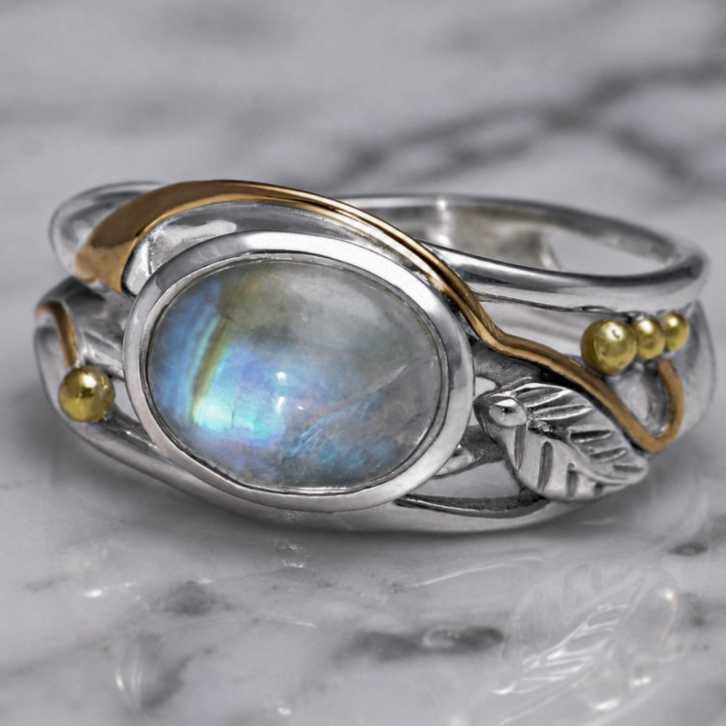 Sterling Silver Rainbow Moonstone Leaf Ring