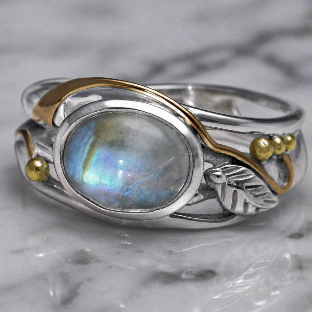 Sterling Silver Rainbow Moonstone Leaf Ring