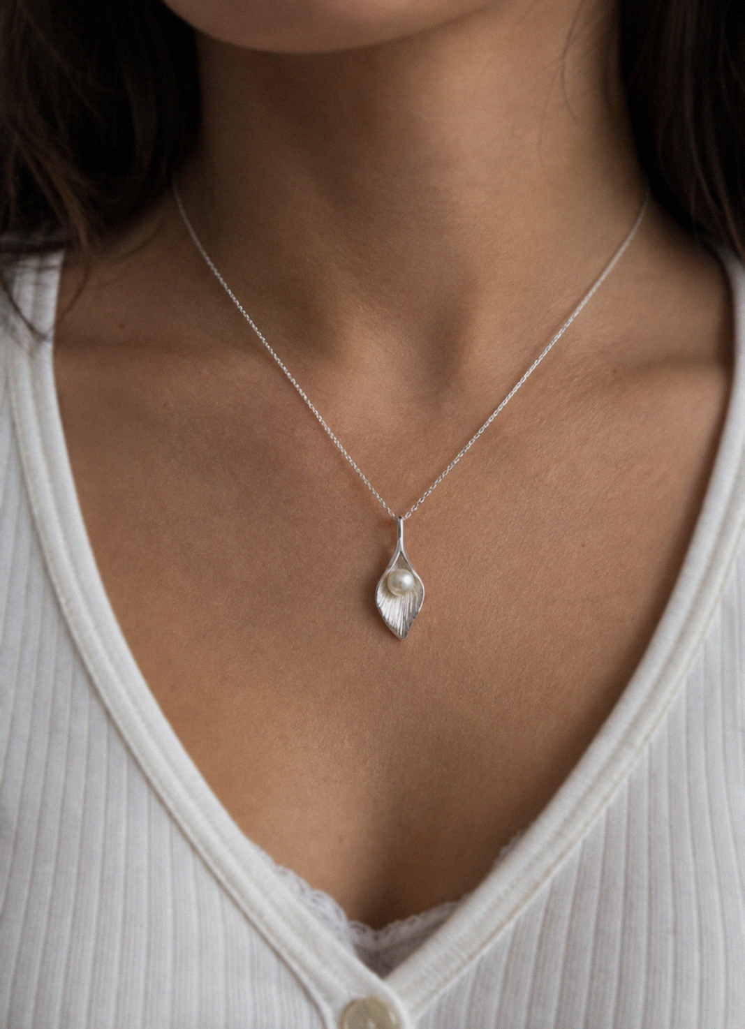 Sterling Silver Freshwater Pearl Calla Lily Pendant Necklace
