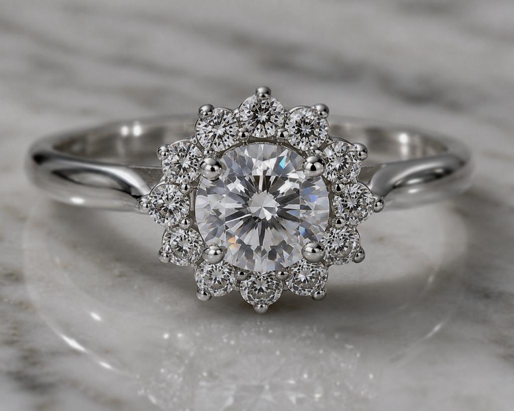 Sterling Silver Cubic Zirconia Flower Halo Ring