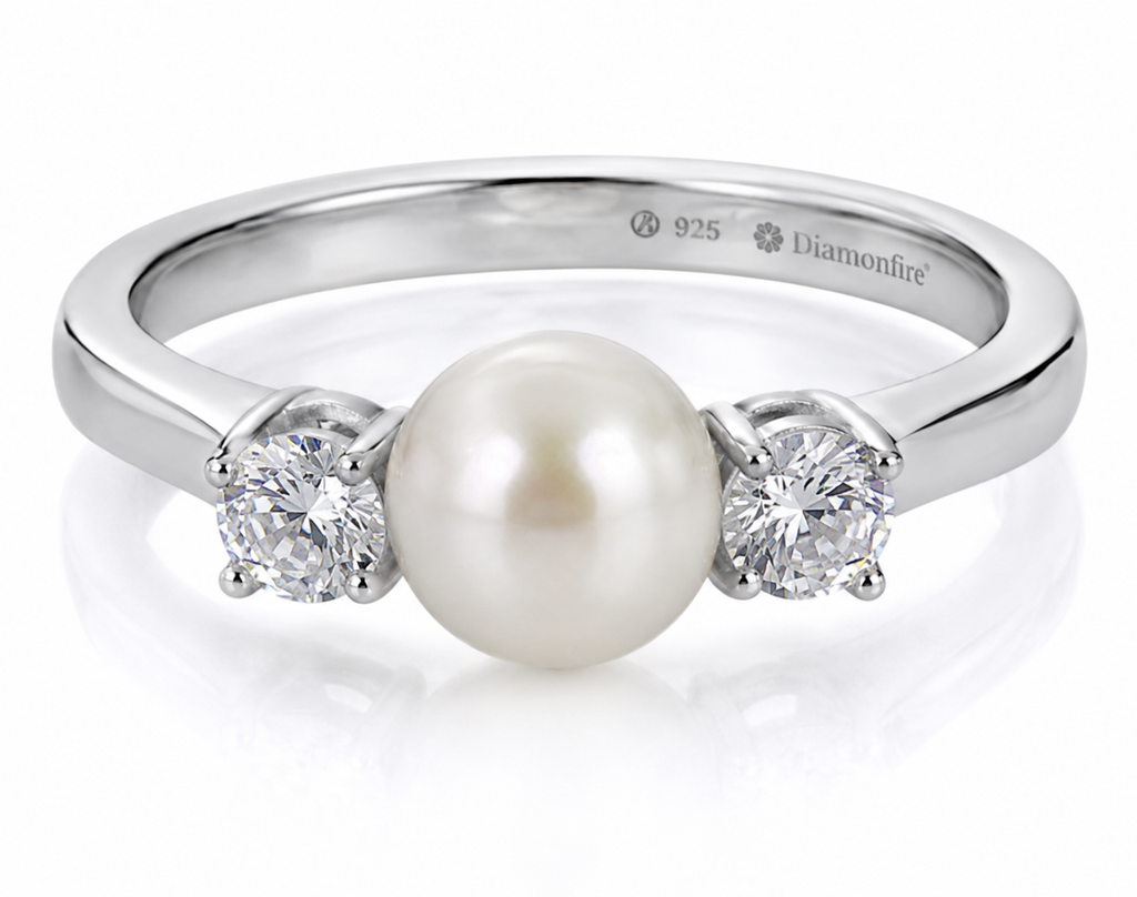 Diamonfire Sterling Silver Shell Pearl & Zirconia Trilogy Ring