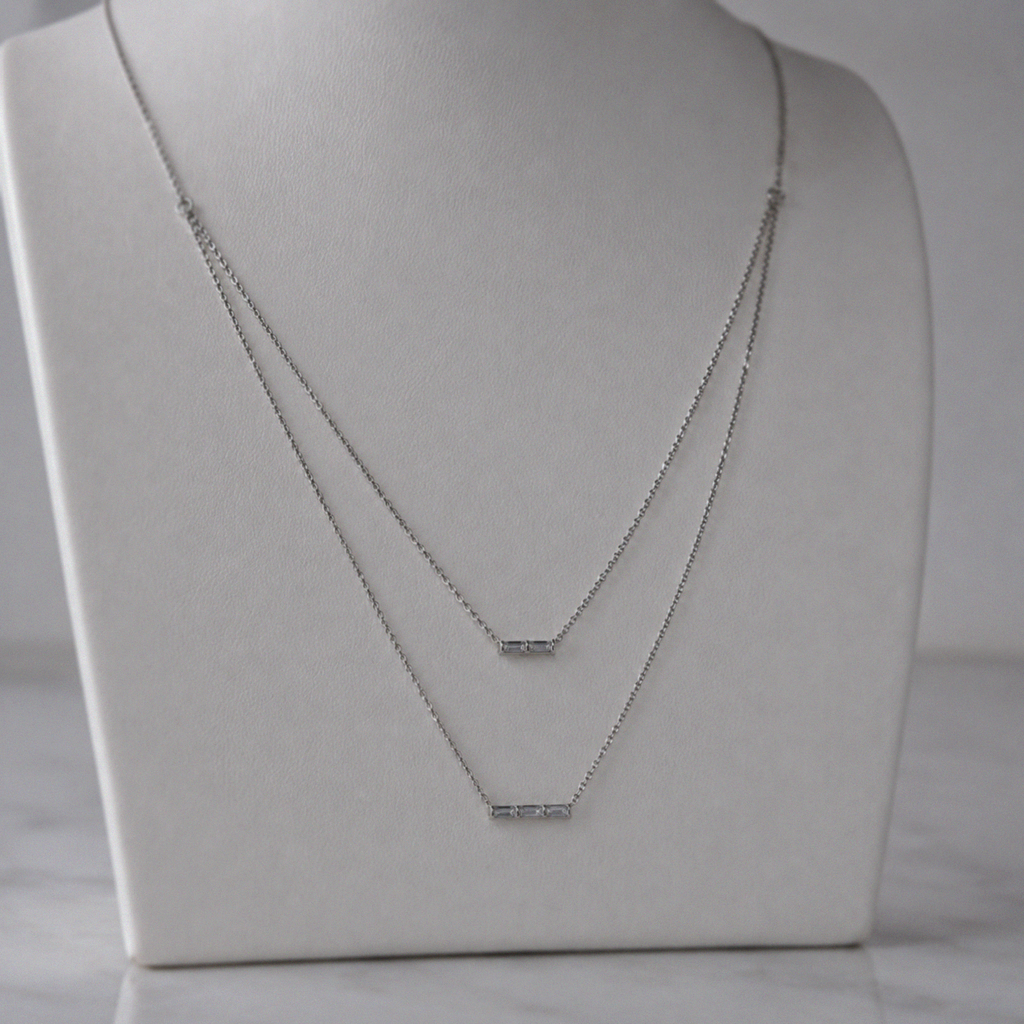 Sterling Silver Cubic Zirconia Double Layer Bar Necklace