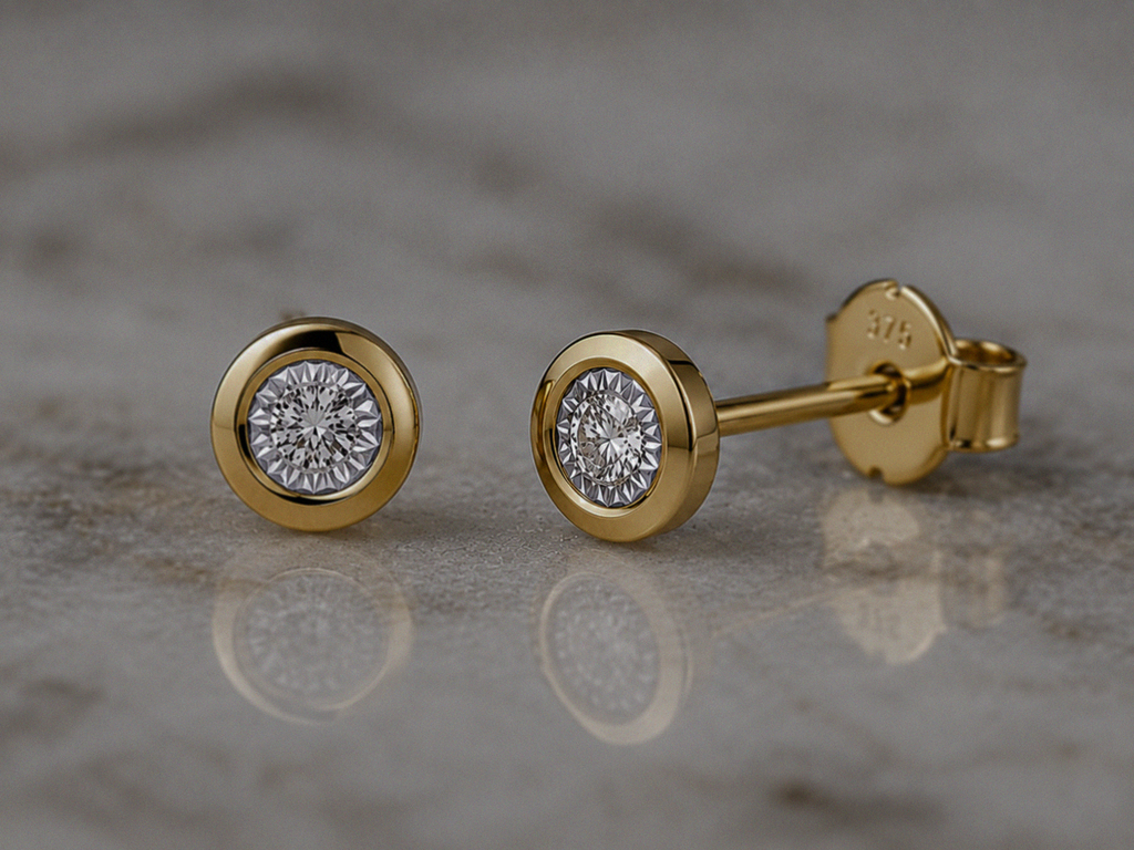 9ct Yellow Gold Bezel Set Diamond Stud Earrings