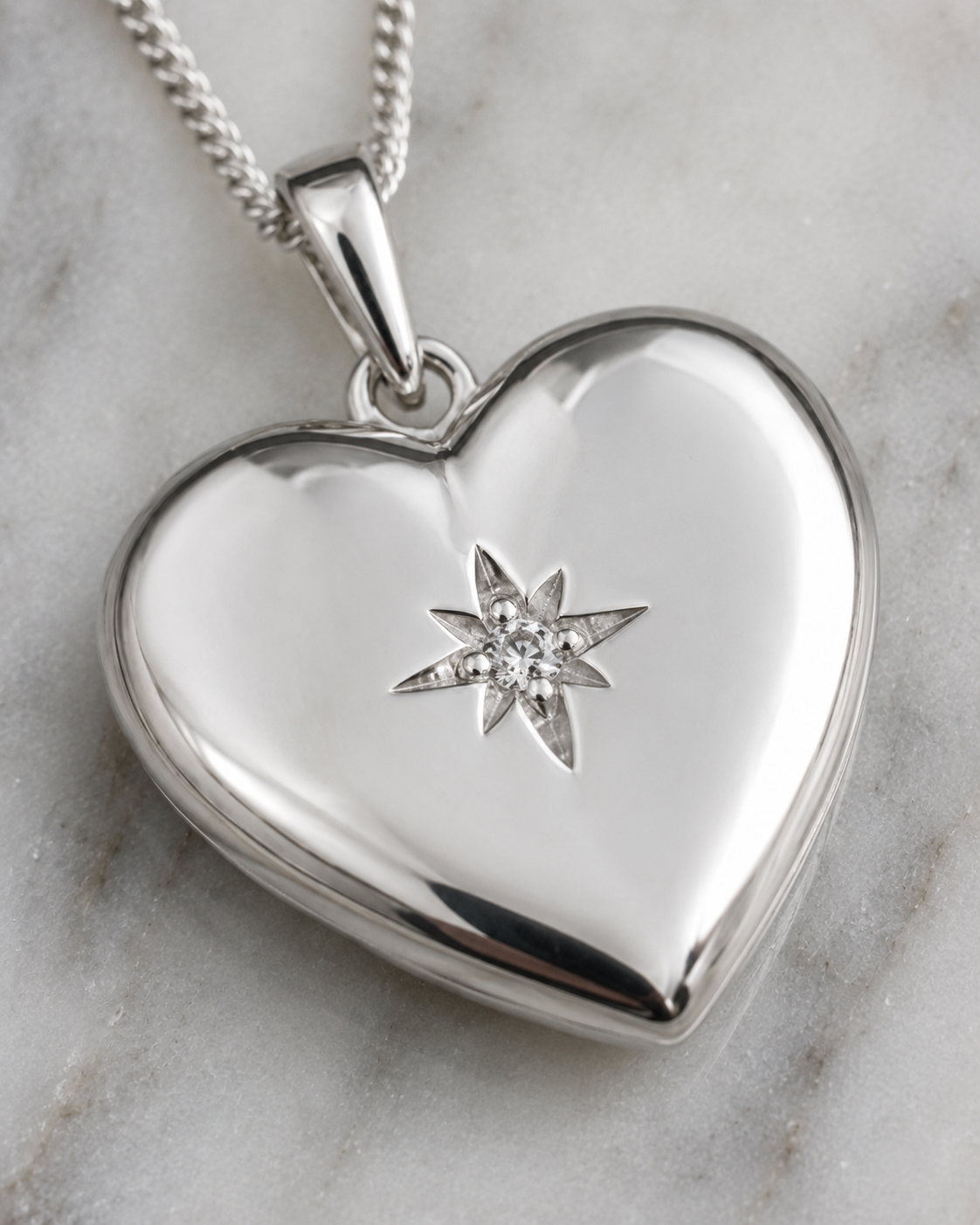 Sterling Silver Heart Locket Pendant Necklace - Starburst Details