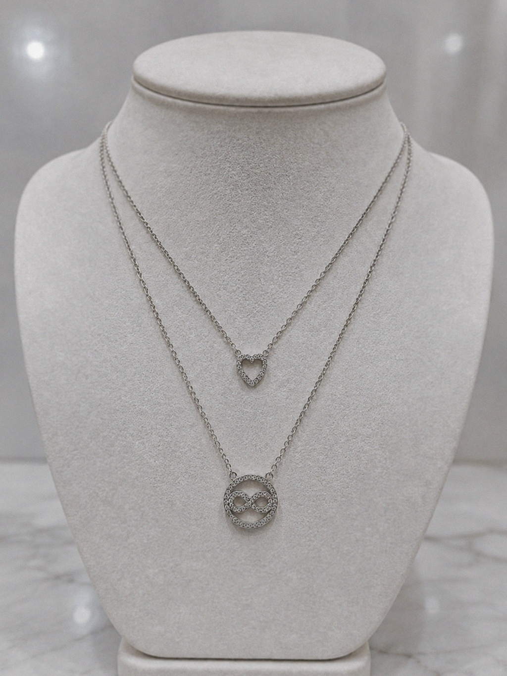 Sterling Silver CZ Heart & Infinity Layered Necklace