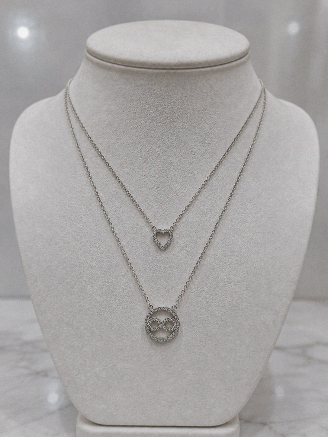 Sterling Silver CZ Heart & Infinity Layered Necklace