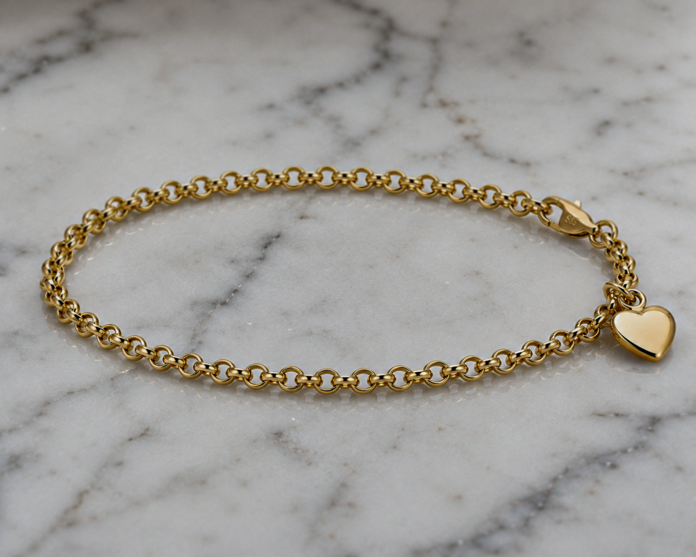 14ct Yellow Gold Belcher Bracelet with Heart Charm – 7”