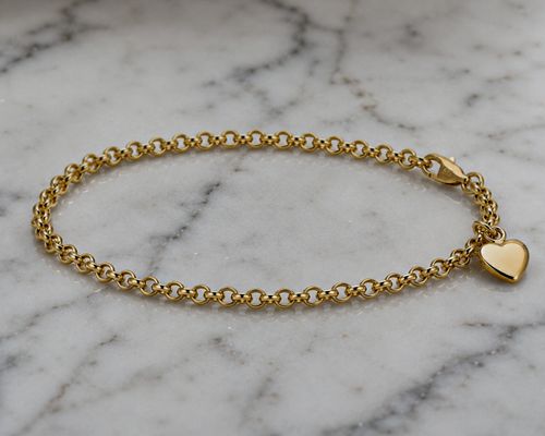 14ct Yellow Gold Belcher Bracelet with Heart Charm – 7”