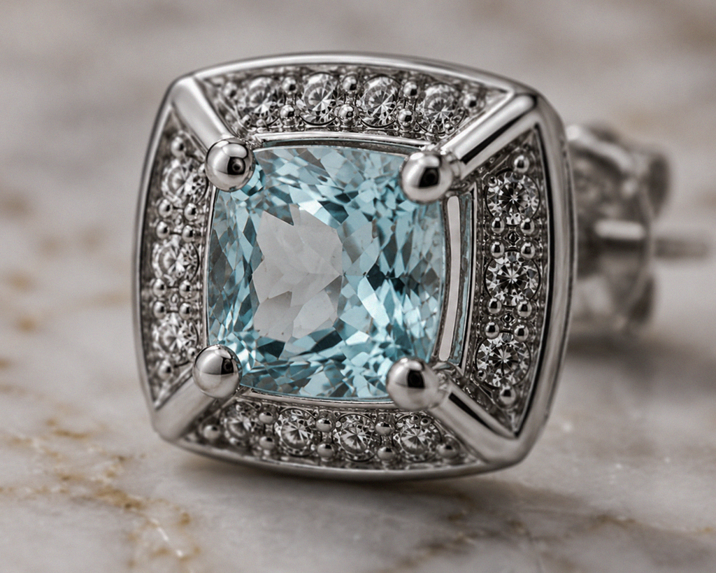 9ct White Gold Aquamarine & Diamond Stud Earrings