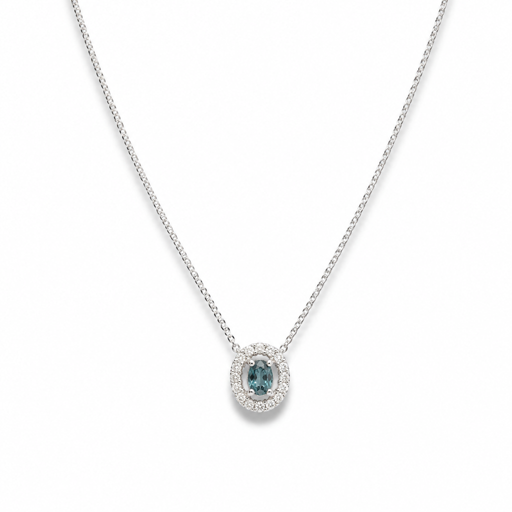 9ct White Gold Teal Sapphire & Diamond Halo Necklace