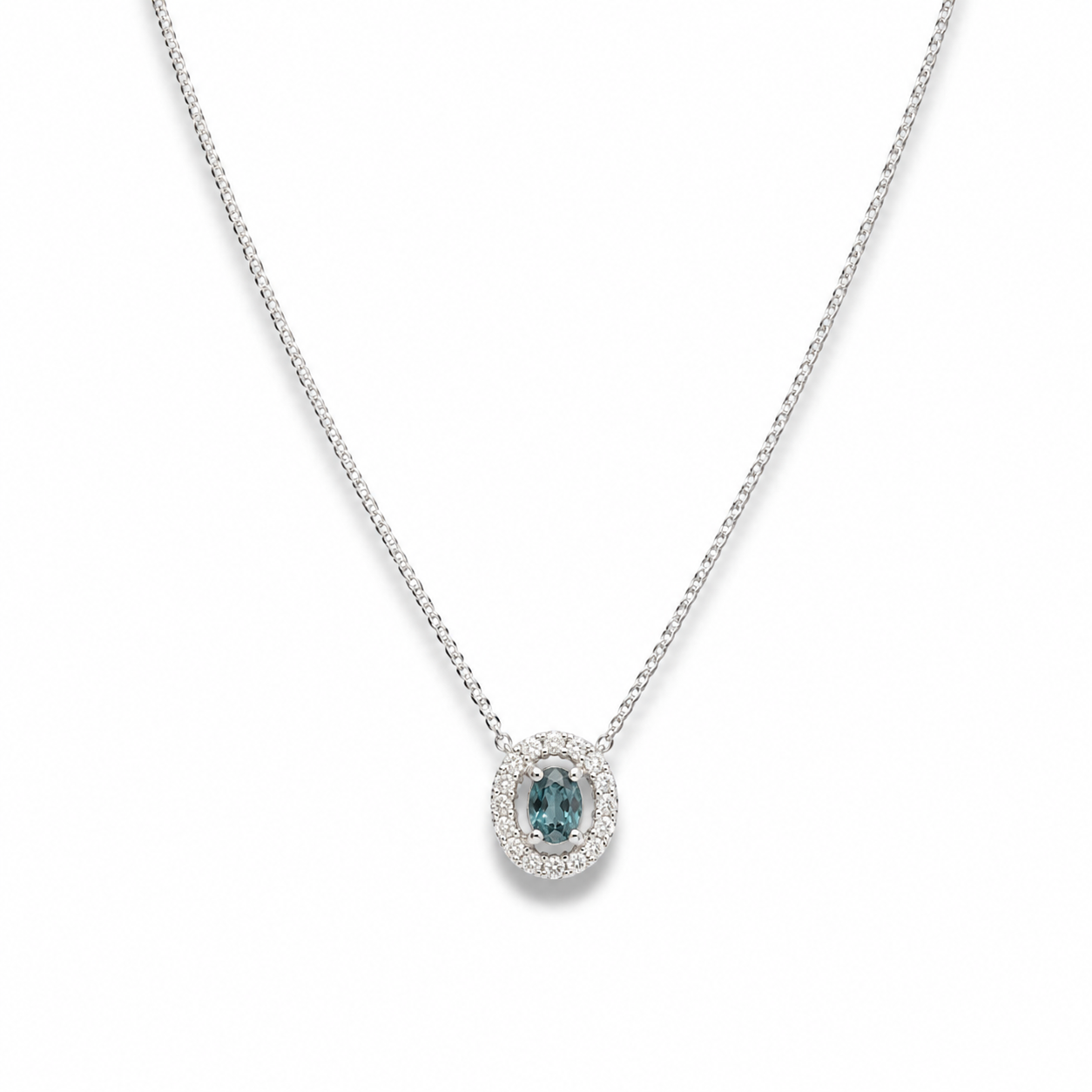 9ct White Gold Teal Sapphire & Diamond Halo Necklace